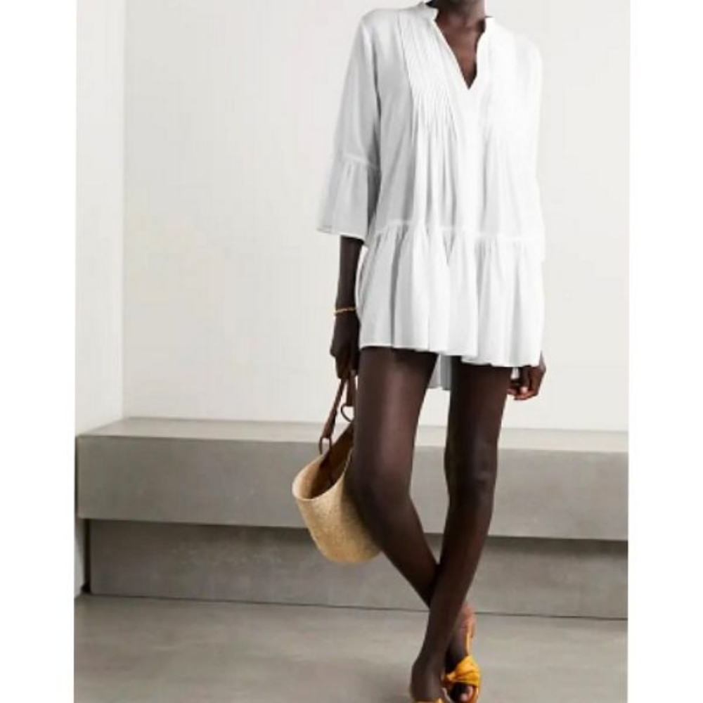 Evarae Loli  White Summer Voluminous Flared Sleeves Pleated Sheer Mini Dress
